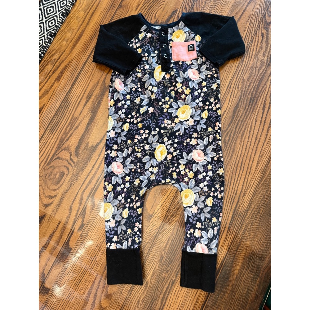 RAGS Romper Kids 3/4T Black Floral Rose Henley Raglan Pocket Long Sleeve